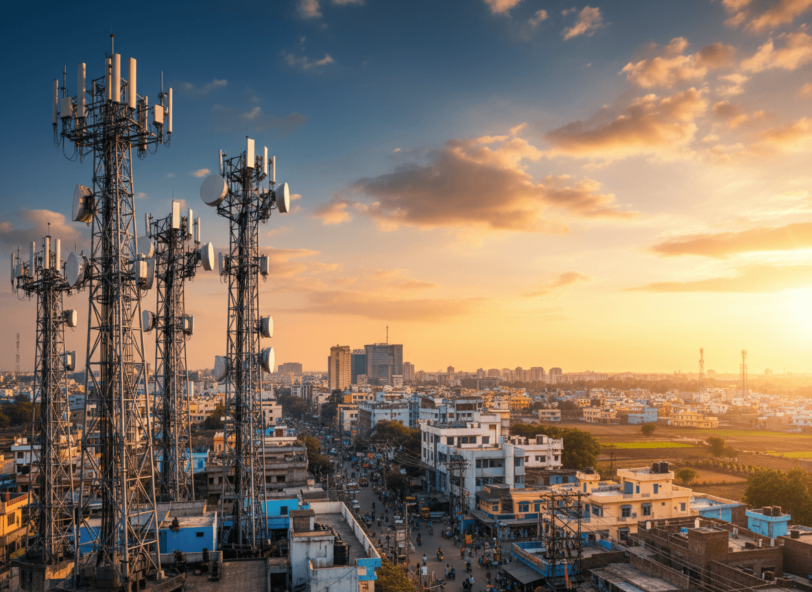 An array of tall telecom towers stands prominently in the foreground, overlooking a bustling Indian city at sunset.