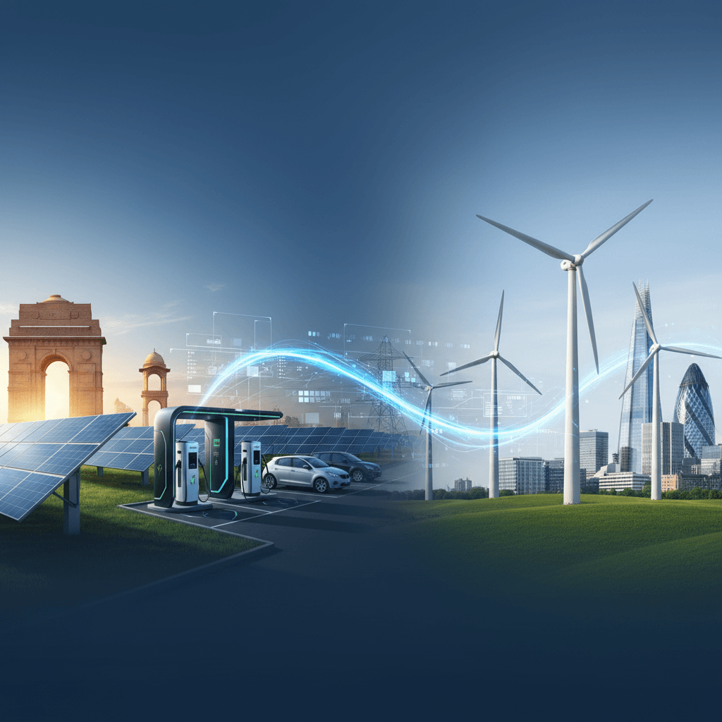 A split image showing India Gate with solar panels and EV charging on one side, and London's skyline with wind turbines on the other.