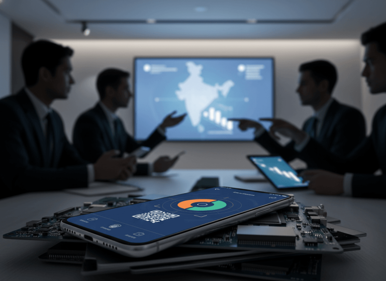 A smartphone with a digital ID app on circuit boards, in a meeting room with executives discussing data.