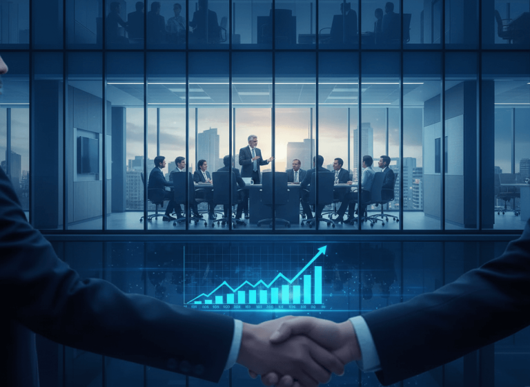 Two businessmen shaking hands in the foreground, with a modern glass-walled boardroom meeting and city skyline in the background.