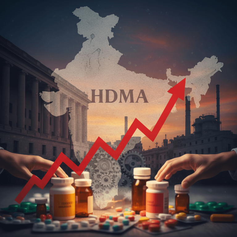 An abstract image depicting India's pharmaceutical industry facing surging costs. It shows a map of India with "HDMA"