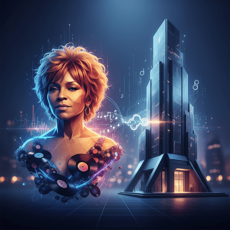 A stylized image showing Tina Turner's face integrated with flowing music notes and vinyl records, alongside a futuristic building.