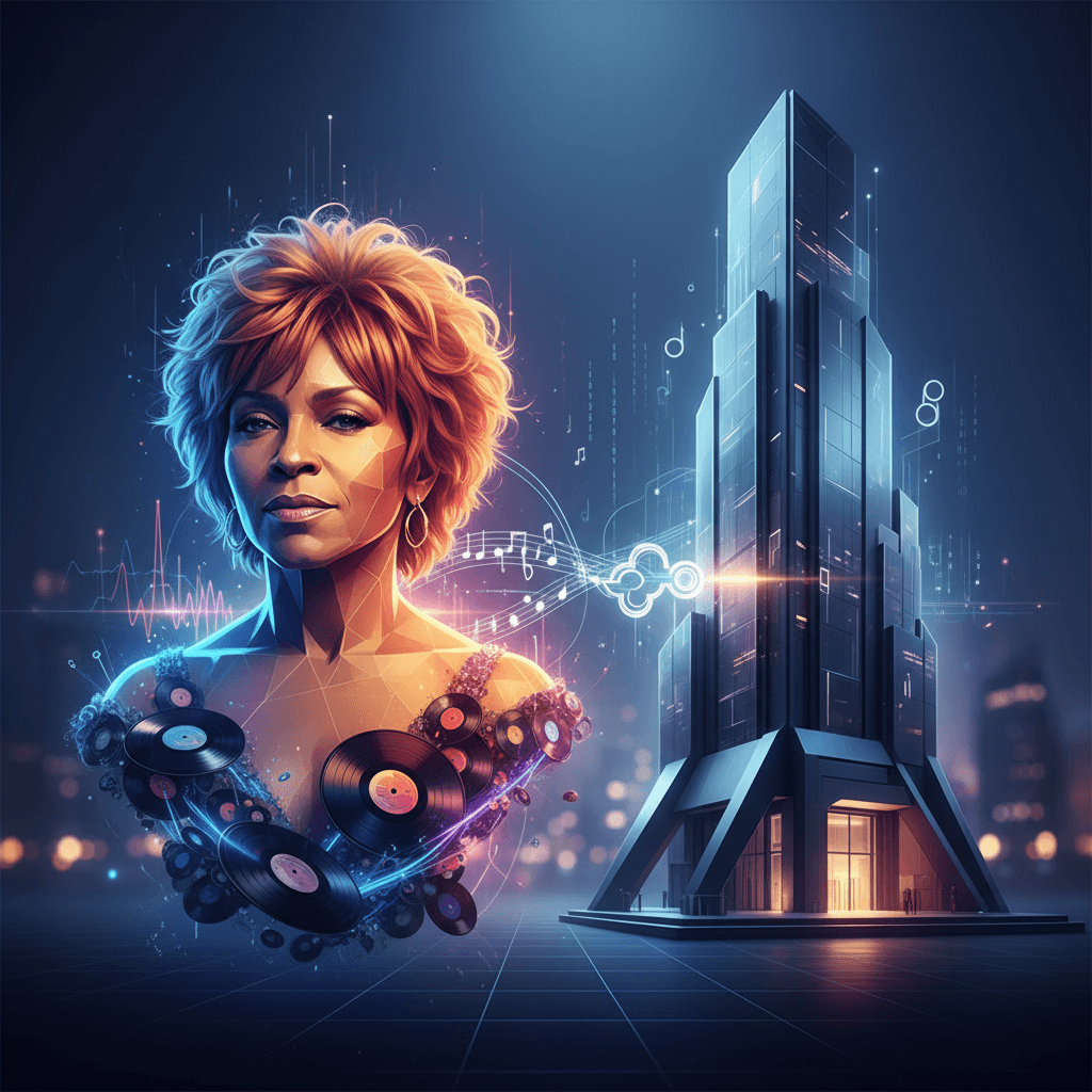 A stylized image showing Tina Turner's face integrated with flowing music notes and vinyl records, alongside a futuristic building.
