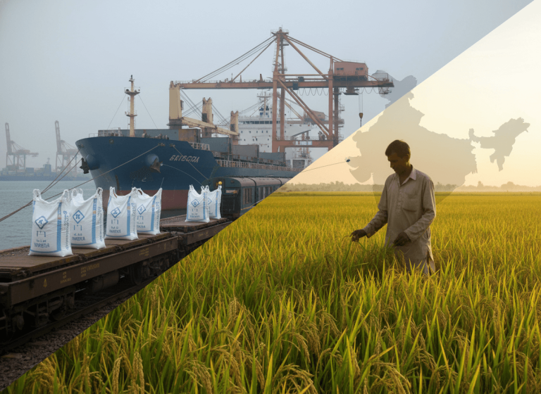 A split image showing fertilizer bags on a train car next to a cargo ship, and an Indian farmer in a rice field.