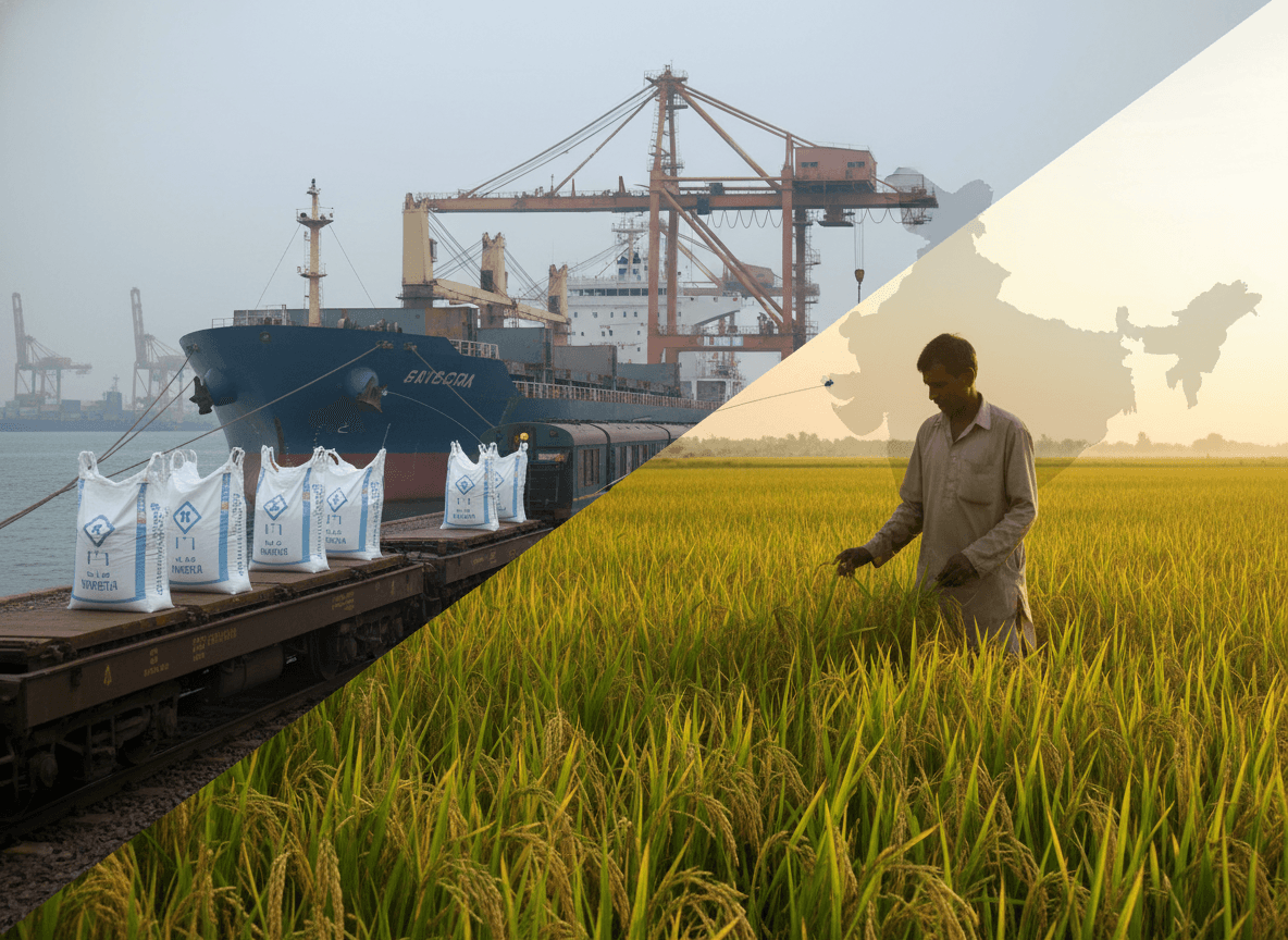 A split image showing fertilizer bags on a train car next to a cargo ship, and an Indian farmer in a rice field.