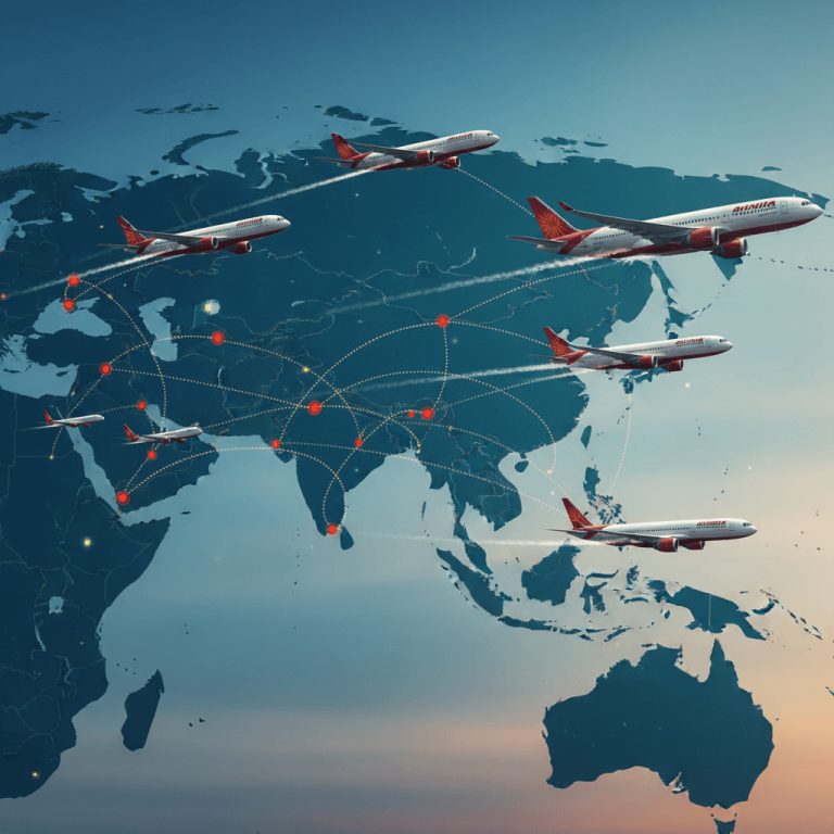 An aerial view of a stylized world map with multiple airplanes flying between India and Europe, signifying increased flight capacity.