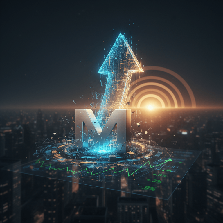 A digital M with an upward-pointing arrow made of light particles, hovering over a futuristic cityscape at sunset.