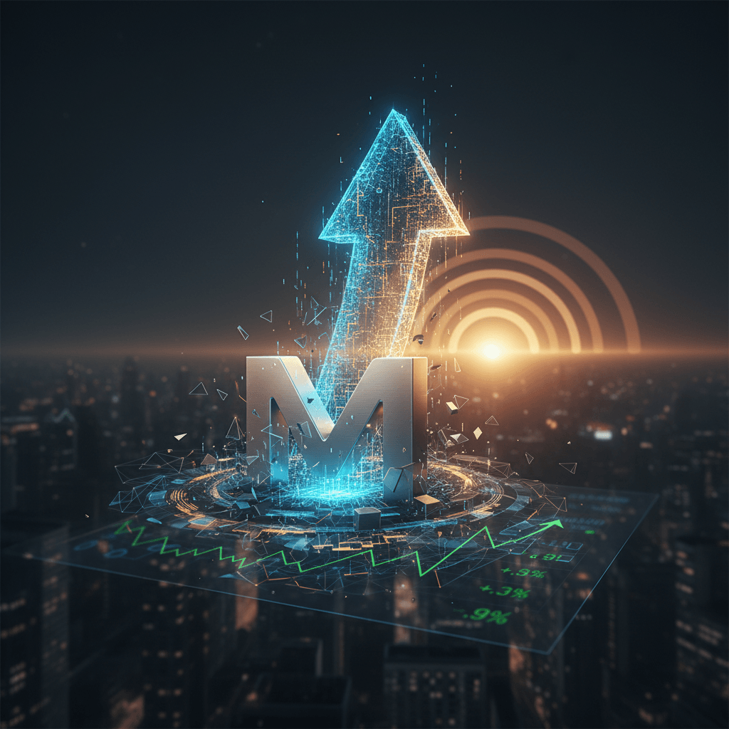A digital M with an upward-pointing arrow made of light particles, hovering over a futuristic cityscape at sunset.
