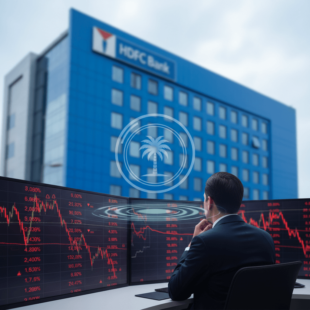 A person in a suit watches multiple screens displaying declining stock charts, with a blurred HDFC Bank building in the background.