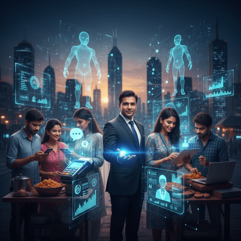 A professional Indian businessman surrounded by digital interfaces and small business owners in an urban setting.