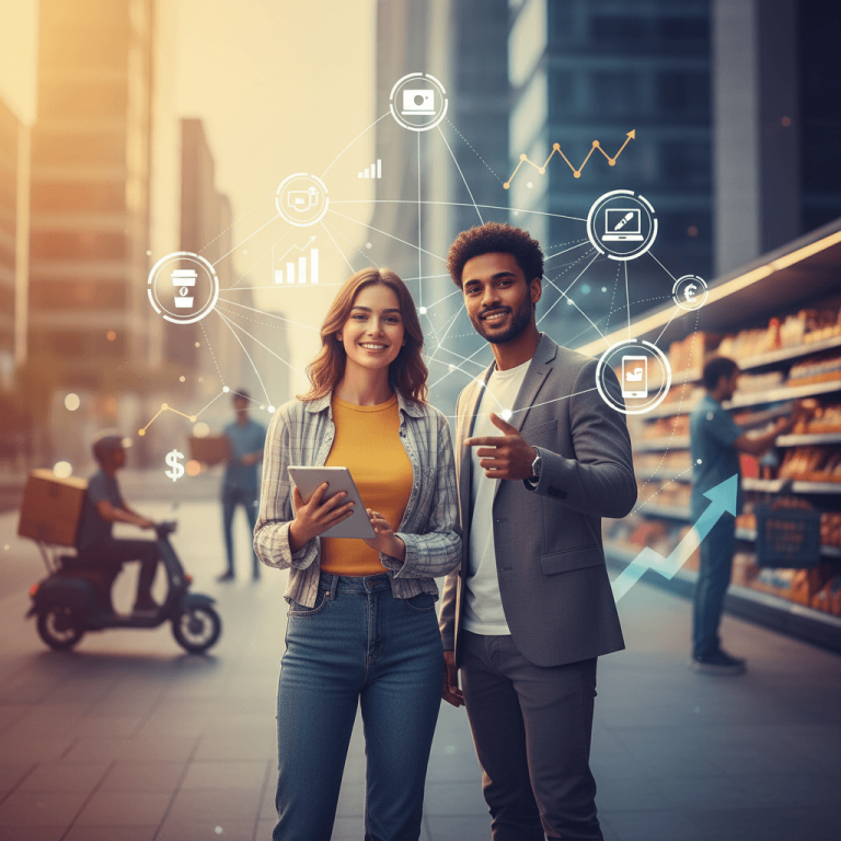 Two young professionals, a man and a woman, smiling in an urban setting with gig economy icons surrounding them.