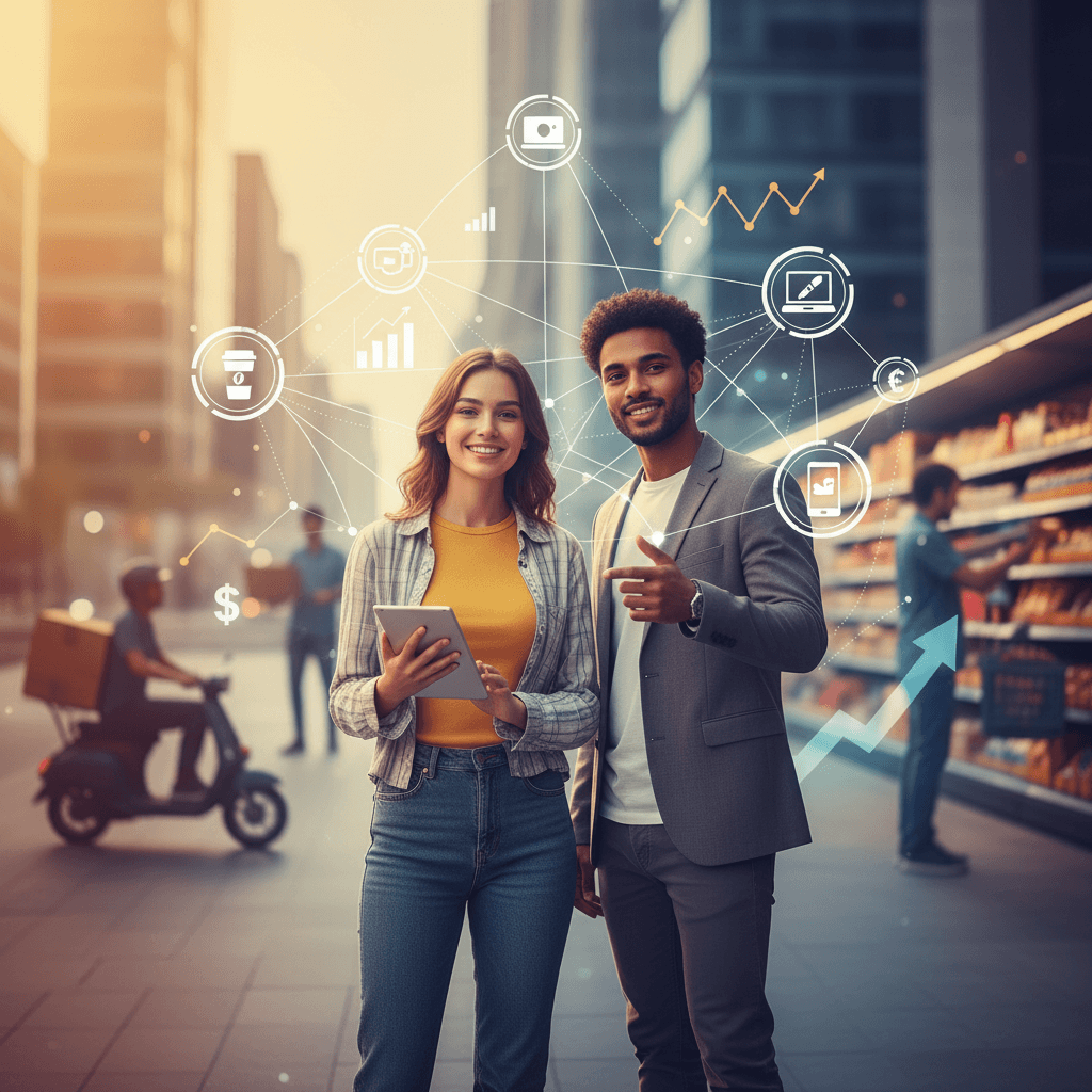 Two young professionals, a man and a woman, smiling in an urban setting with gig economy icons surrounding them.