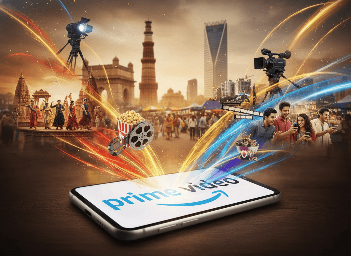 A smartphone with Prime Video logo, emanating light and colorful streams towards Indian landmarks and people watching content.