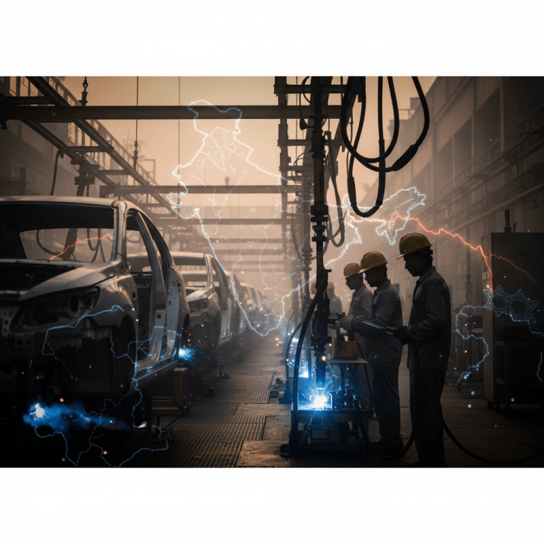 An Indian car manufacturing plant with workers welding car bodies, overlaid with a subtle map of India and lightning bolts.