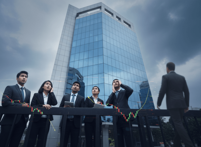 A group of concerned investors look up at a modern bank building, with a stock chart overlay, as a figure walks away.