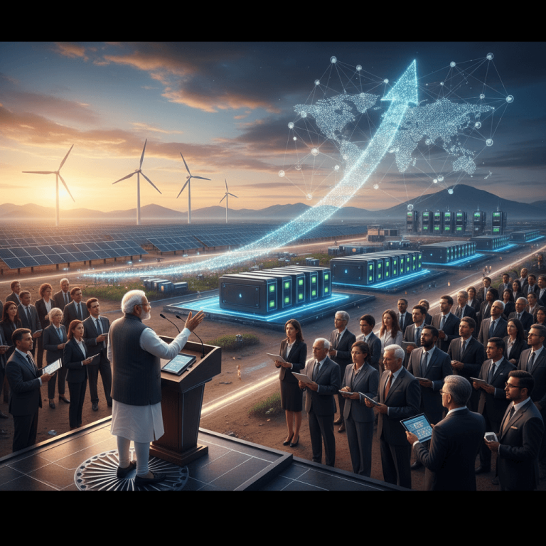 Prime Minister Modi addresses a diverse group of professionals at a sustainable energy site.