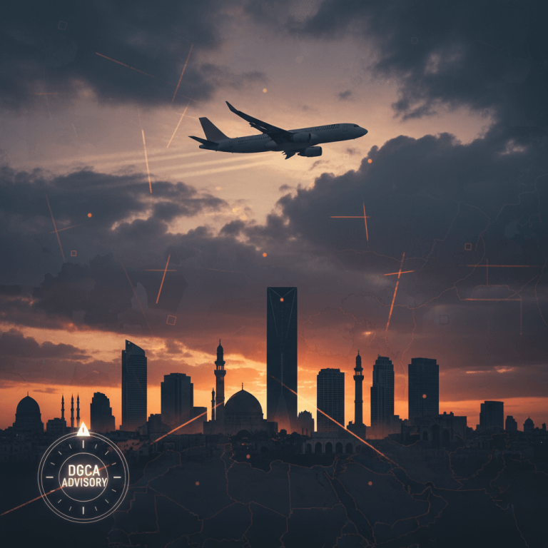 A passenger plane flies over a Middle Eastern city skyline at sunset, with a digital overlay highlighting the region.