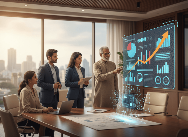 A group of Indian business professionals in a modern office, one elder man in traditional wear pointing at a holographic data display.