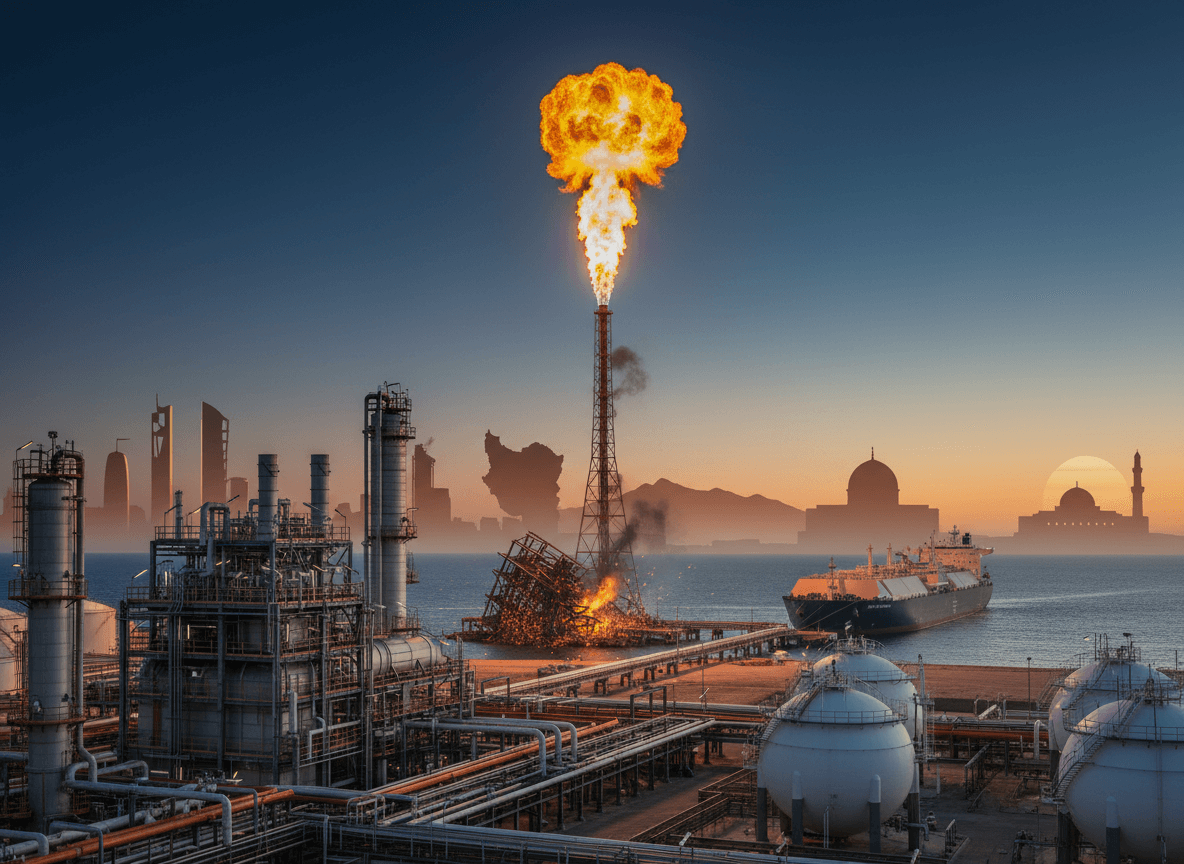 An LNG refinery at dusk with a large flare, a damaged structure, and a tanker ship, silhouetted against a skyline.