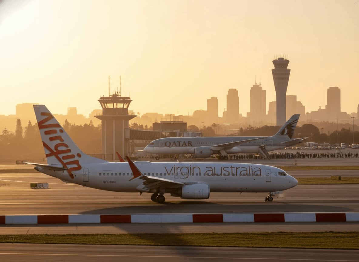 Two passenger airplanes, one branded "Virgin Australia" and another "Qatar Airways," on a tarmac at sunset.