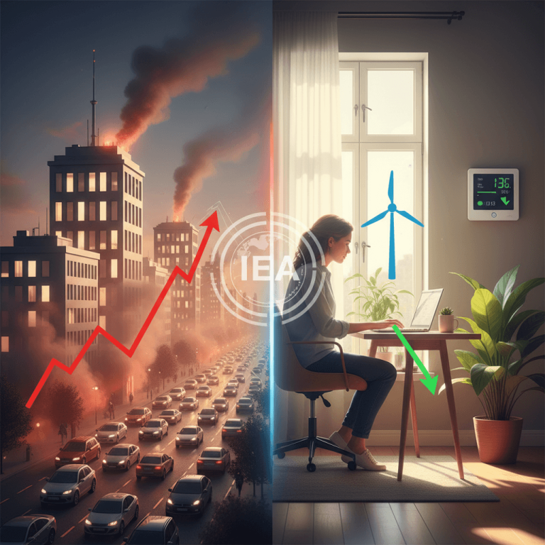Split image showing a polluted city with rising energy costs and a woman working remotely with energy savings.
