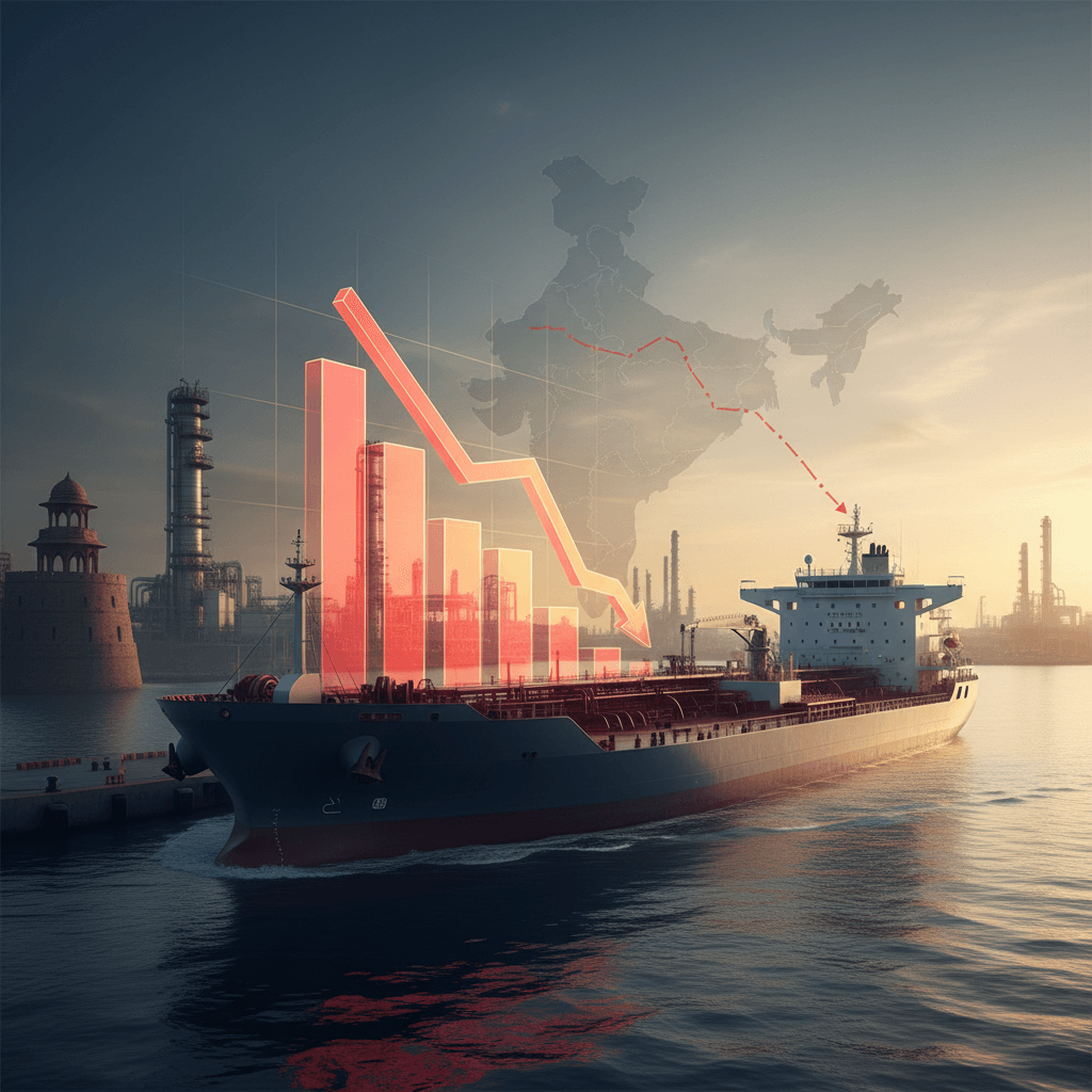 A large oil tanker at a port with refineries in the background, overlaid with a red downward trending bar graph and map of India.