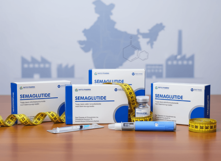 Semaglutide medicine boxes, vials, and injection pens on a table with an India map and factory silhouettes in the background.