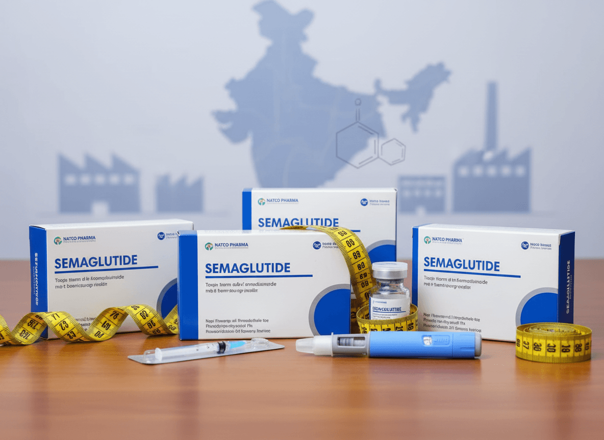 Semaglutide medicine boxes, vials, and injection pens on a table with an India map and factory silhouettes in the background.