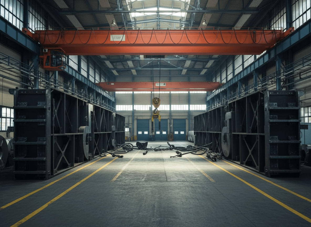 An empty, wide shot of an industrial steel mill interior with an overhead crane and large machinery.