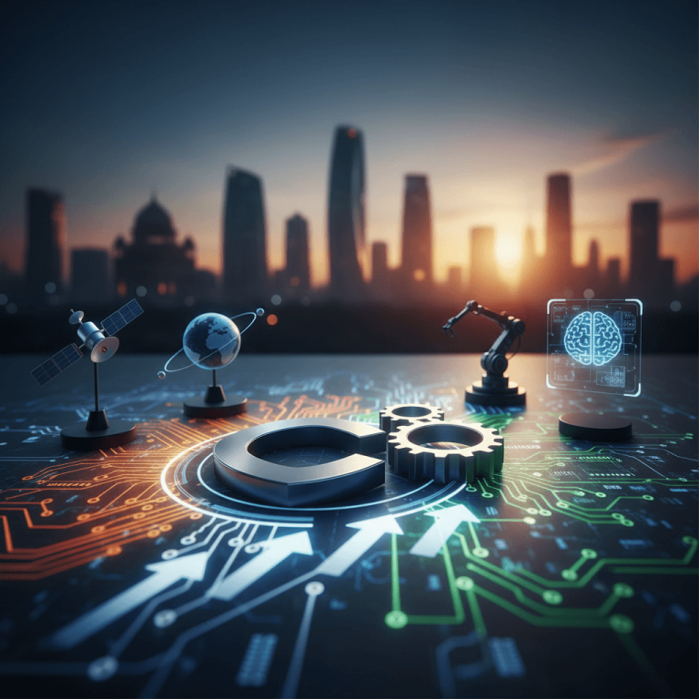 A futuristic deeptech scene with circuit board patterns, gears, a satellite, and a cityscape at sunset.