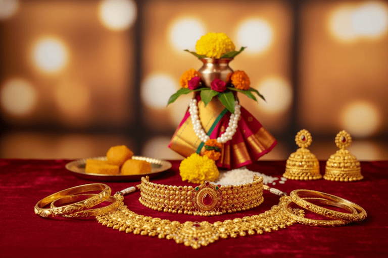 An array of traditional Indian gold jewelry, including necklaces, bangles, and earrings, displayed with a Gudi Padwa kalash.