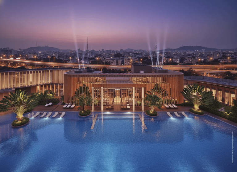 A modern luxury resort at dusk with a large swimming pool in the foreground and a city skyline and highway in the background.