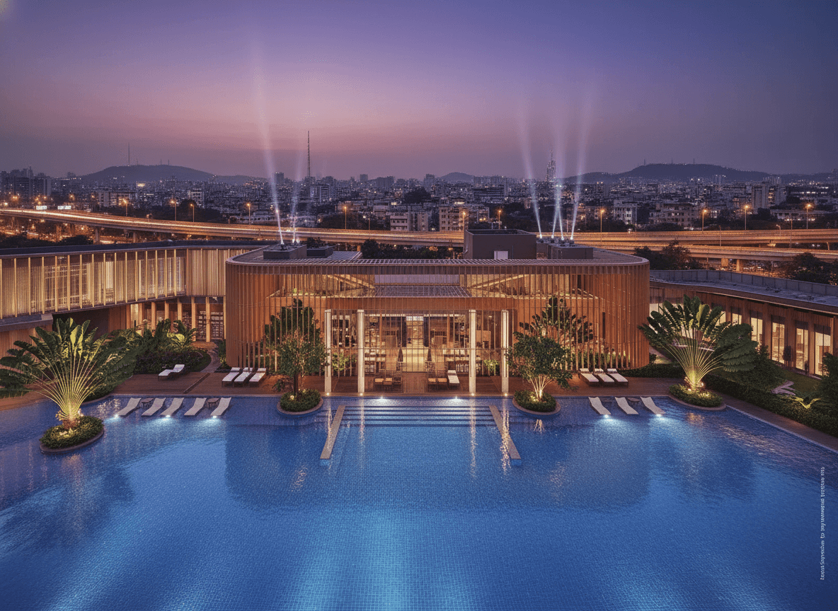 A modern luxury resort at dusk with a large swimming pool in the foreground and a city skyline and highway in the background.