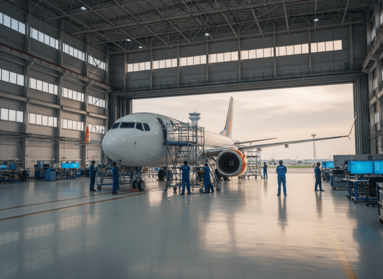 Wide shot of an airplane undergoing maintenance in a large hangar, with technicians working around it.