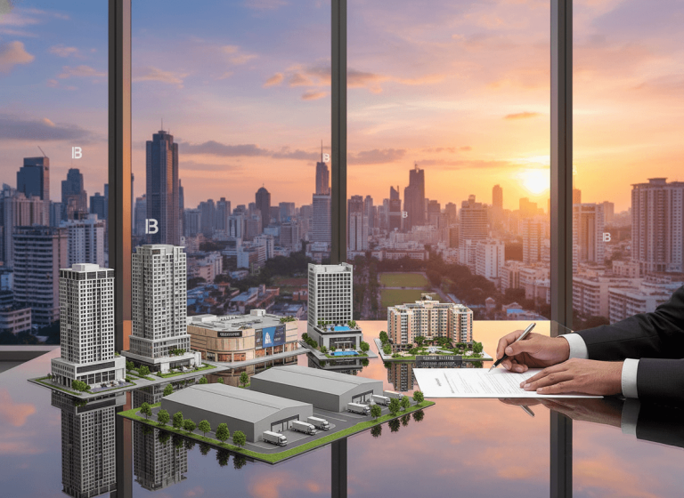 A person in a suit signing a document on a desk with various property models, overlooking a city skyline at sunset.