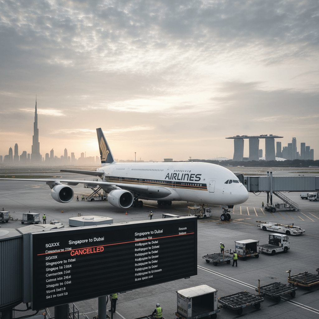 A Singapore Airlines plane at an airport gate with the Burj Khalifa and Marina Bay Sands in the background.