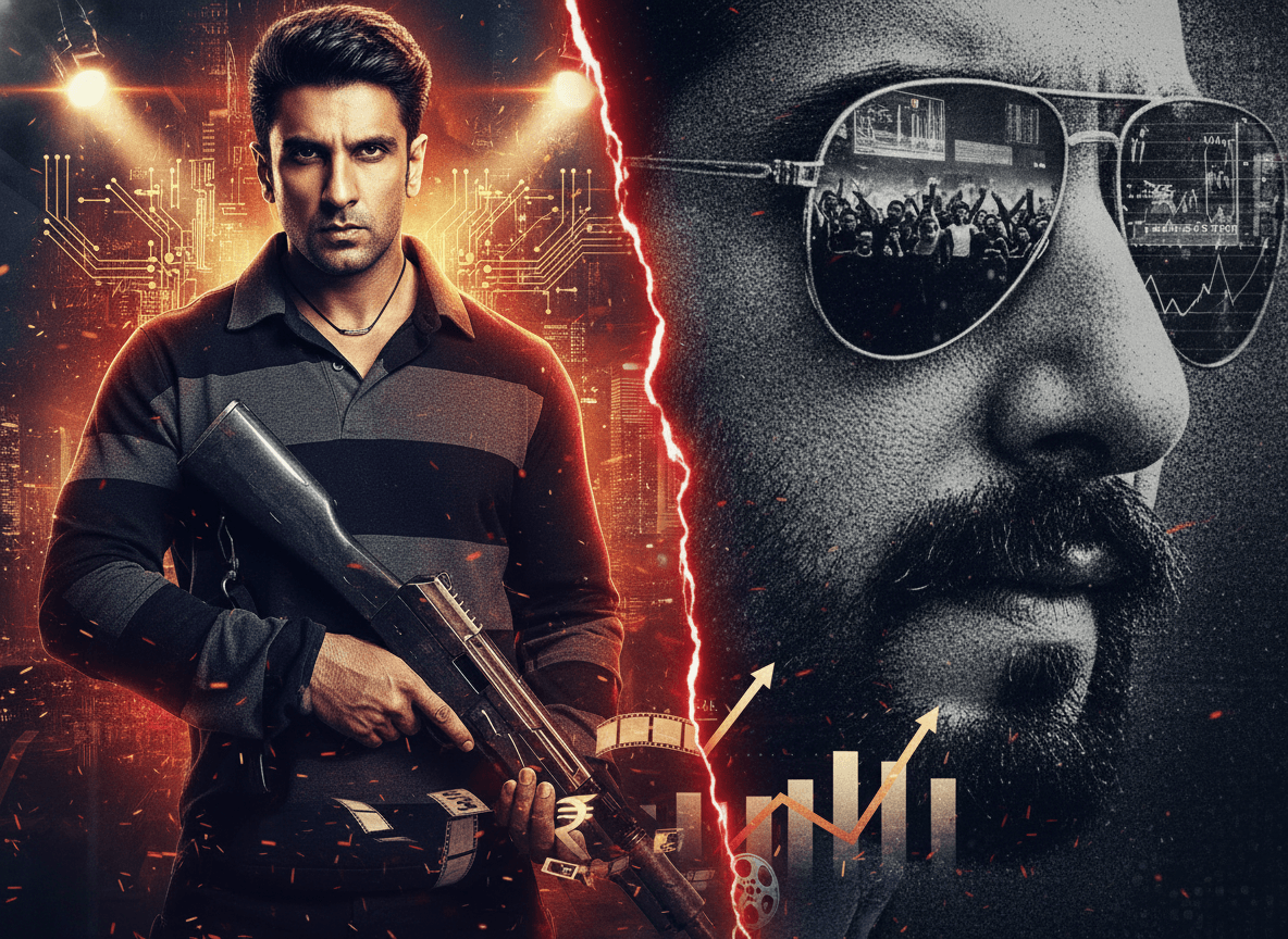 Ranveer Singh holding a weapon, with a split-screen design showing financial charts and audience cheering in sunglasses.