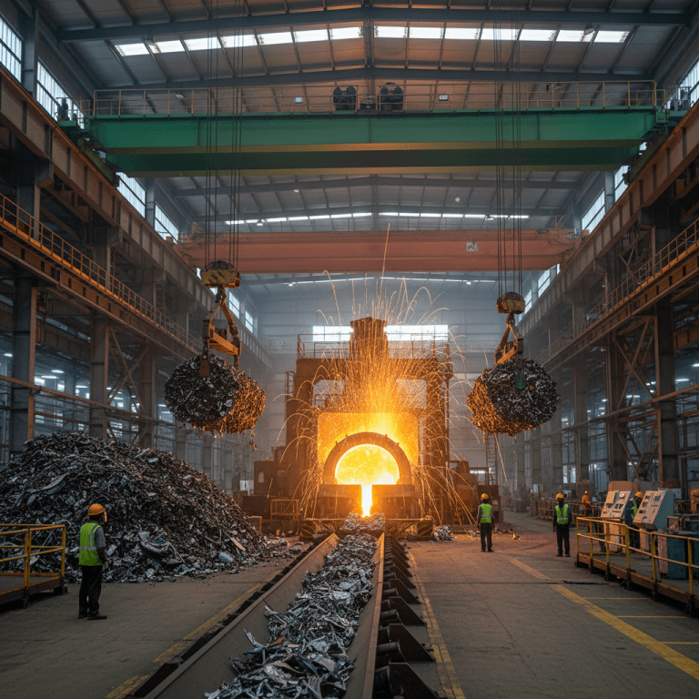 Wide shot of a modern electric arc furnace plant with molten metal, sparks, and workers, processing scrap steel.