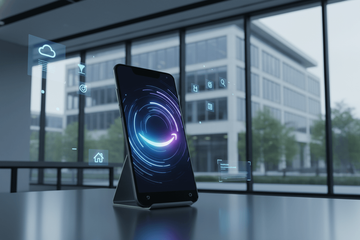 A sleek smartphone on a desk with glowing AI interface elements, an office building visible through the window.