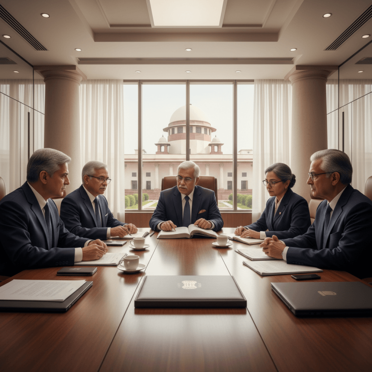 A diverse expert panel of five individuals in professional attire deliberates at a large conference table, with the Supreme Court of India building visible outside a large window.