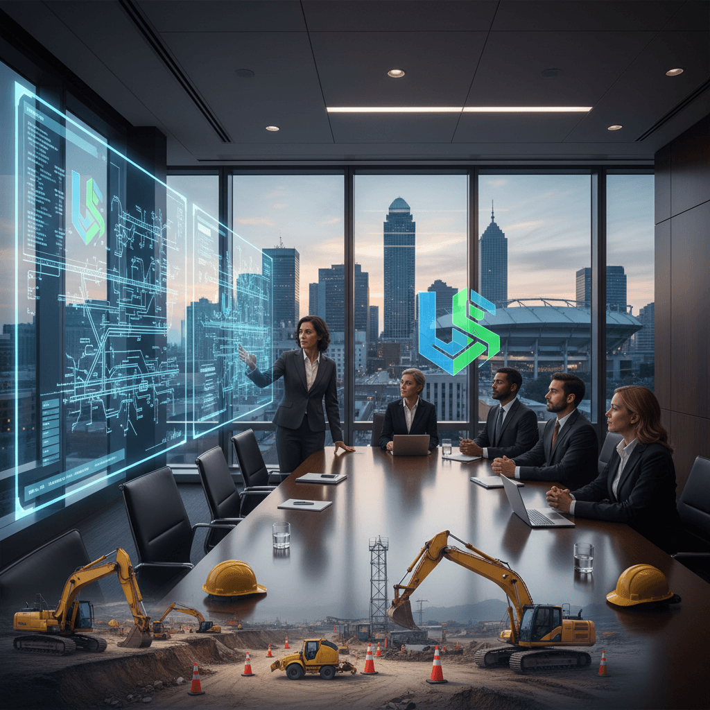 A professional woman presents utility safety plans on a large screen to a diverse team in a sleek boardroom.