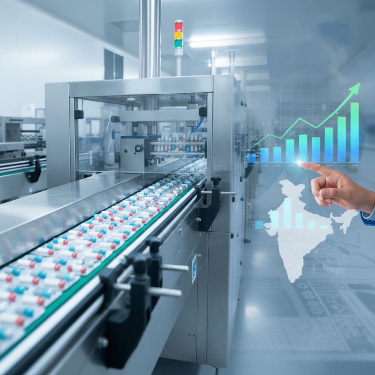 A hand interacting with a holographic display showing a rising bar graph and a map of India, overlaid on a pharmaceutical manufacturing line.