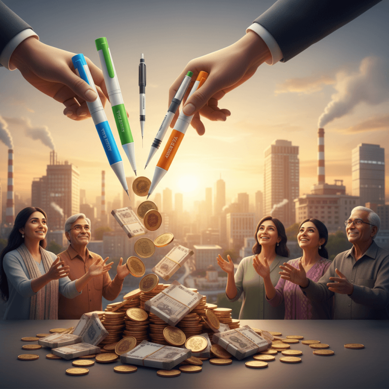 Large hands hold pen-like drug injectors over a pile of Indian currency, with happy people and a city skyline.