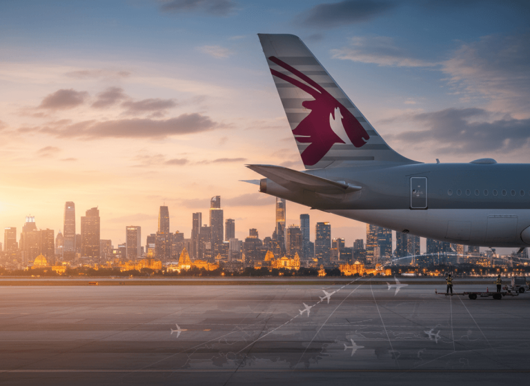 A Qatar Airways aircraft at an airport during sunset, with a modern city skyline in the background and abstract flight paths.