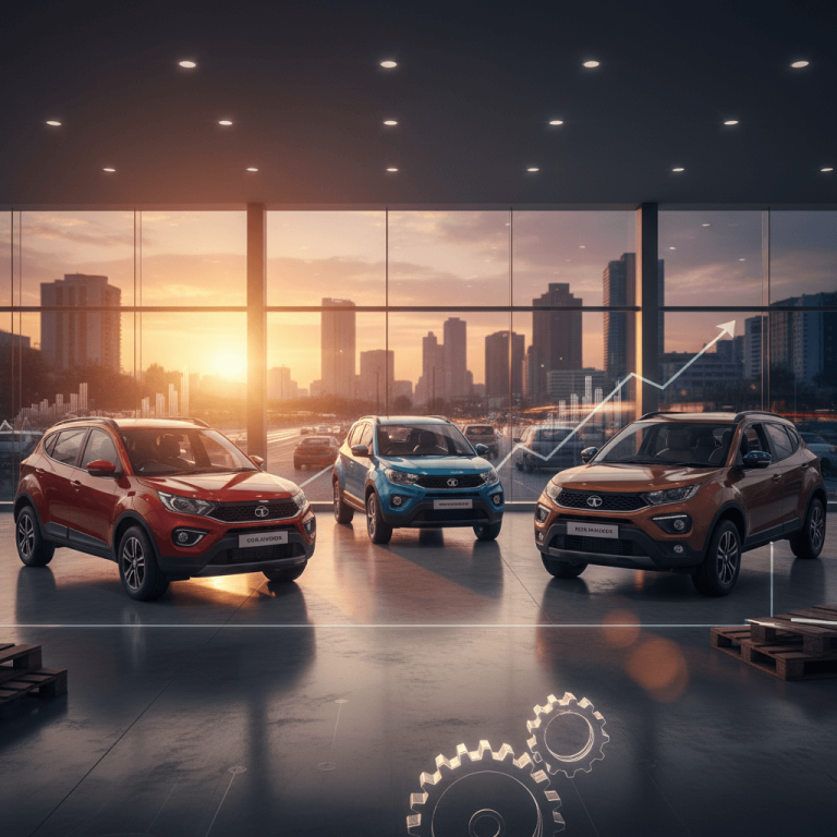 Three Tata Motors cars (red, blue, orange) displayed in a modern showroom with large windows overlooking a city skyline at sunset.