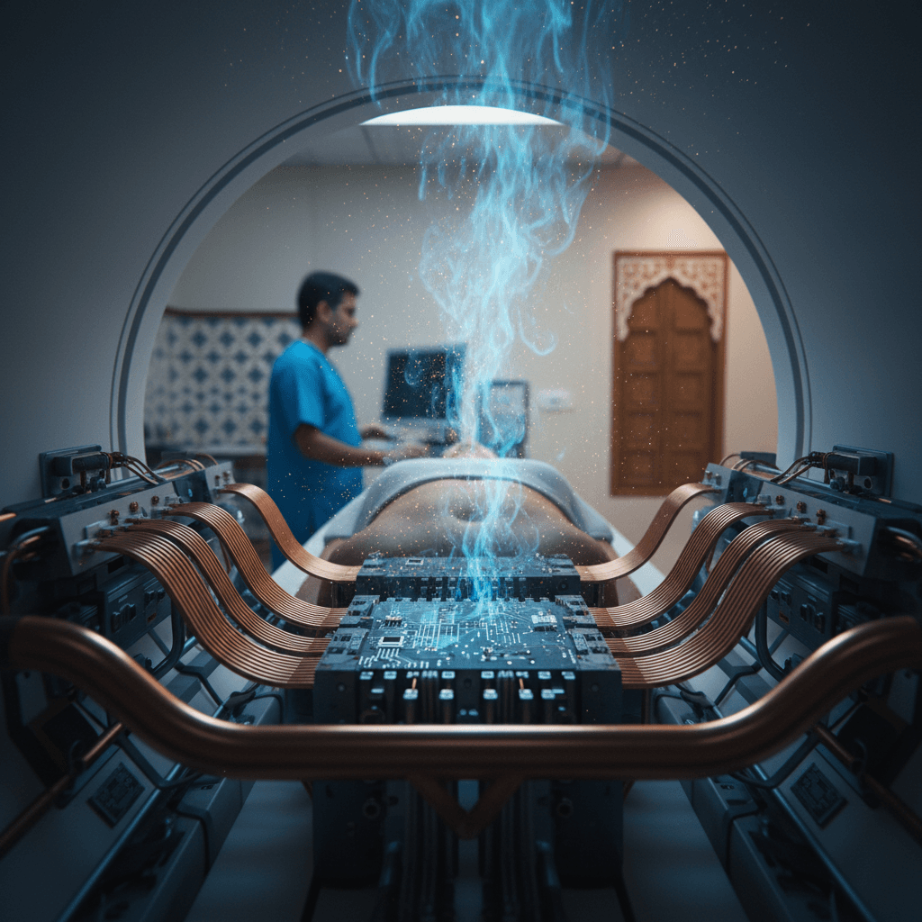 A patient undergoes an MRI scan, with blue energy representing helium flowing through the machine's intricate copper wiring.