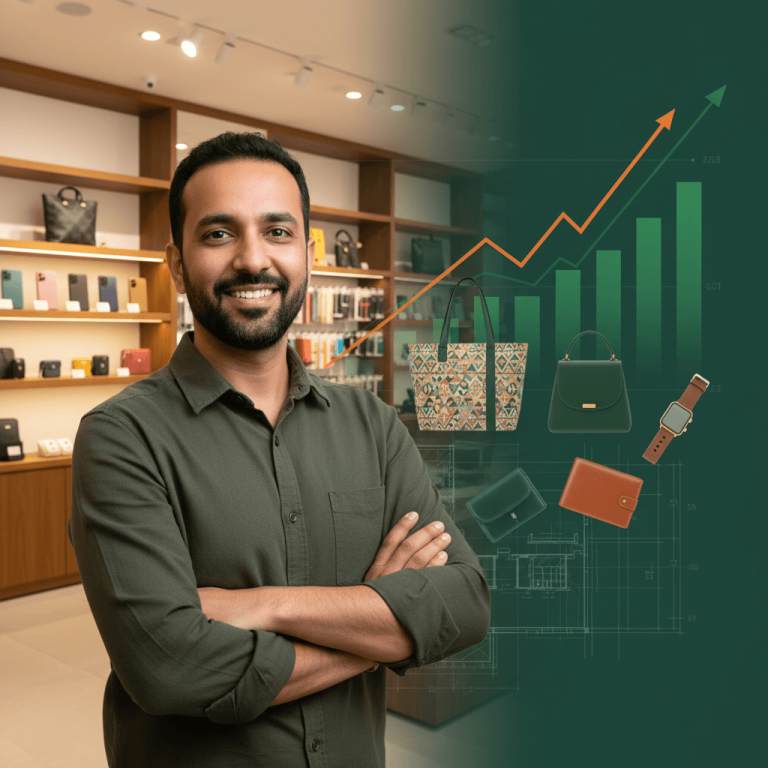 A smiling man, CEO Pankaj Garg, stands in a modern lifestyle accessories store, with a growth chart overlay.