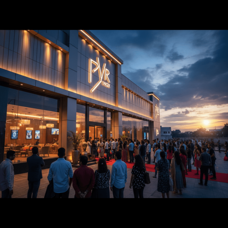 Exterior shot of a modern PVR Inox multiplex at dusk, with a crowd gathered on a red carpet for an opening event.