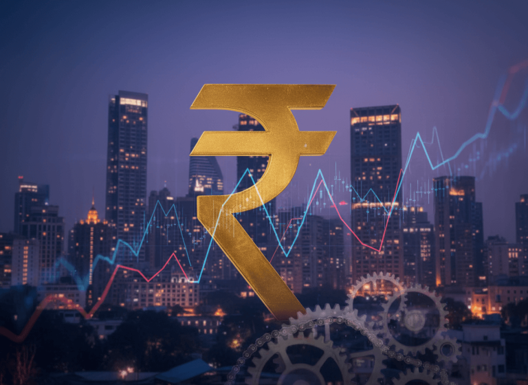 A golden Indian Rupee symbol stands prominently against a backdrop of a modern city skyline at dusk, with overlaid financial charts.