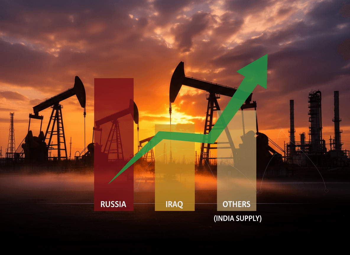 Silhouette of oil pumpjacks and an industrial plant at sunset, overlaid with a bar chart and green arrow showing increasing oil supply.